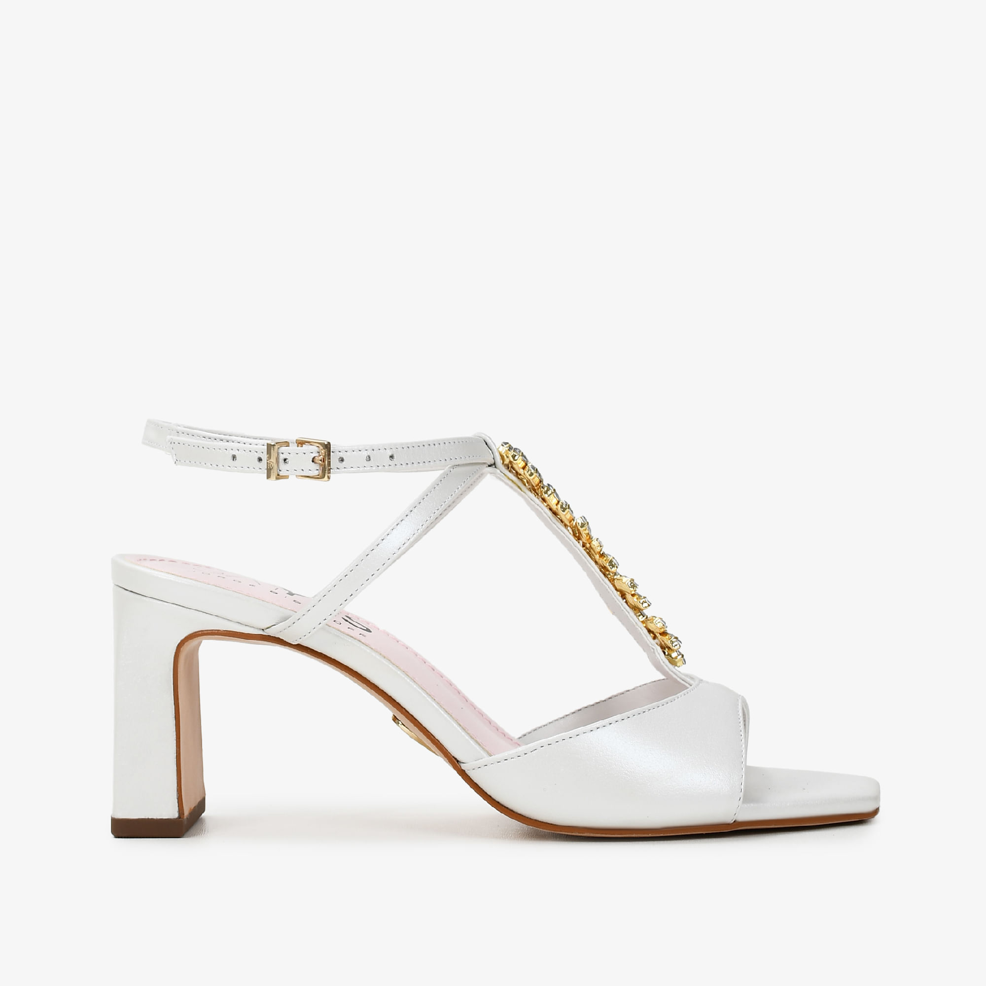 Sandália Branco Say Yes Salto Bloco Couro Acetinado