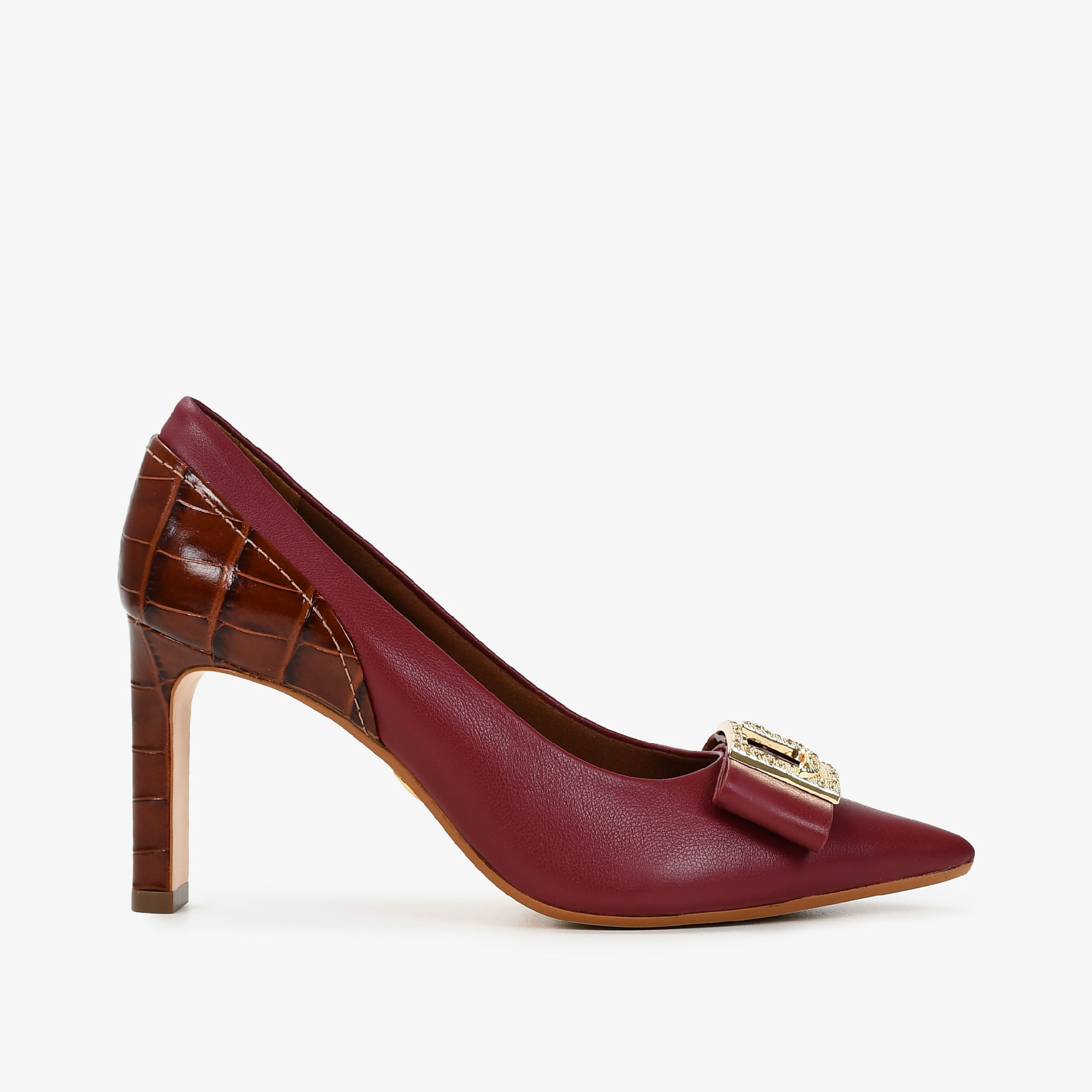 Scarpin Vinho Cabernet Marrom Tabaco Couro Croco