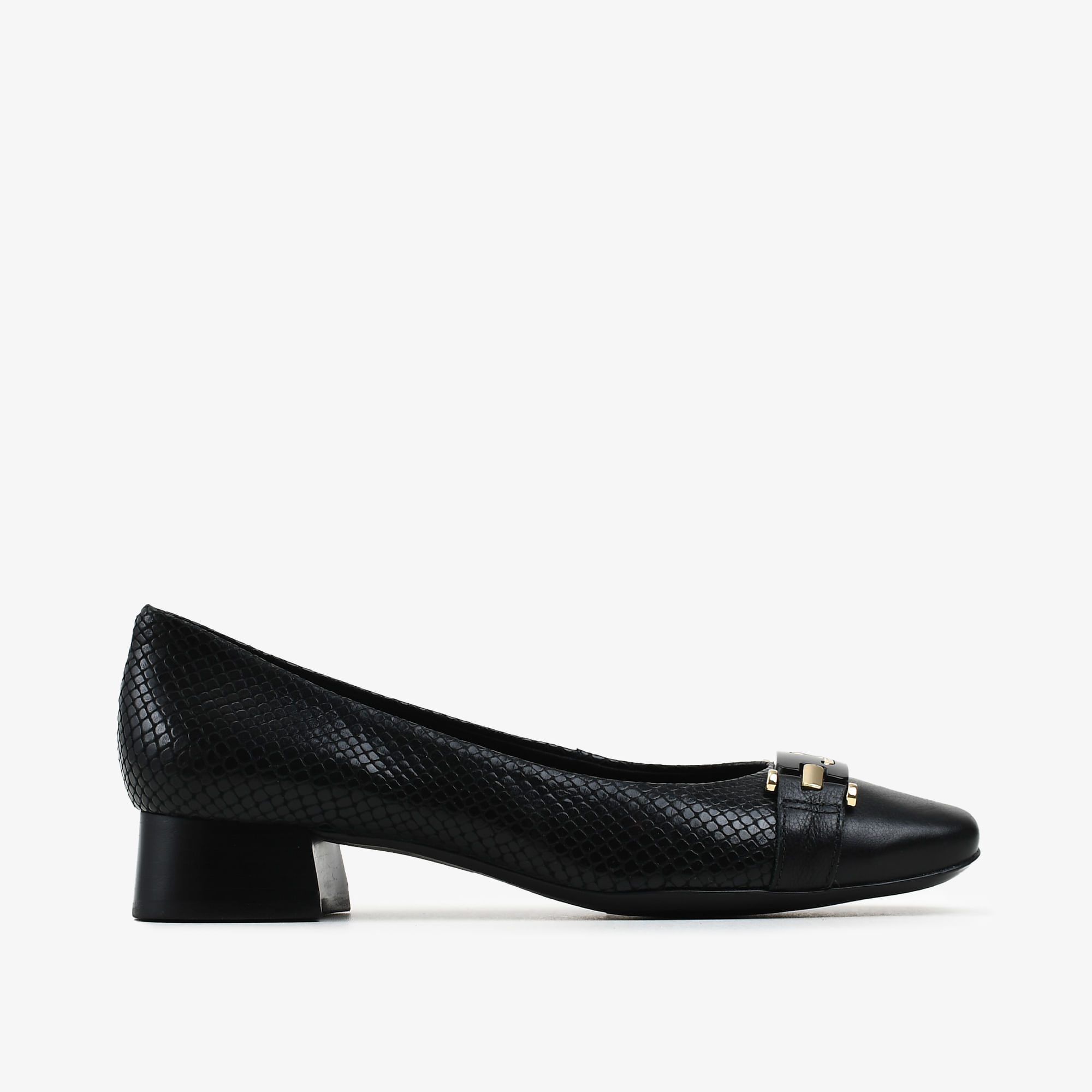 Scarpin Preto Salto Baixo Couro Snake