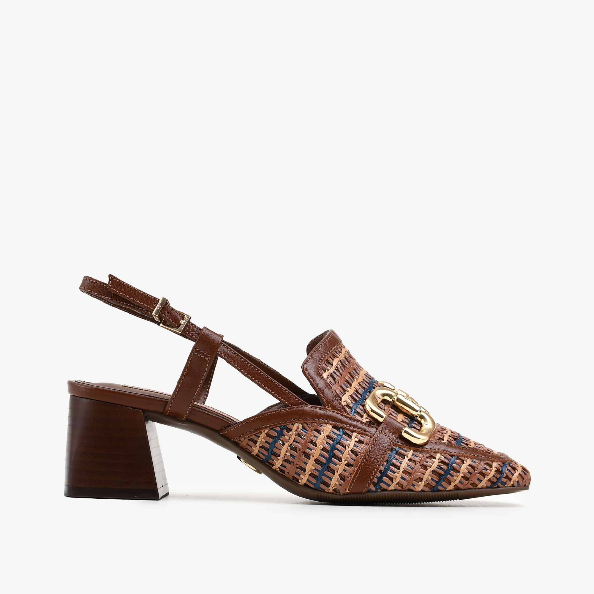 Slingback Marrom Tabaco Salto Bloco Médio Ráfia
