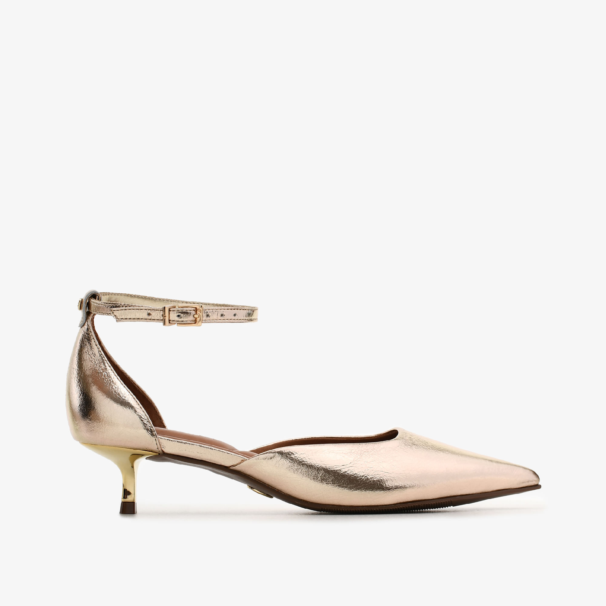Scarpin Salto Baixo Metal Ouro Claro Couro