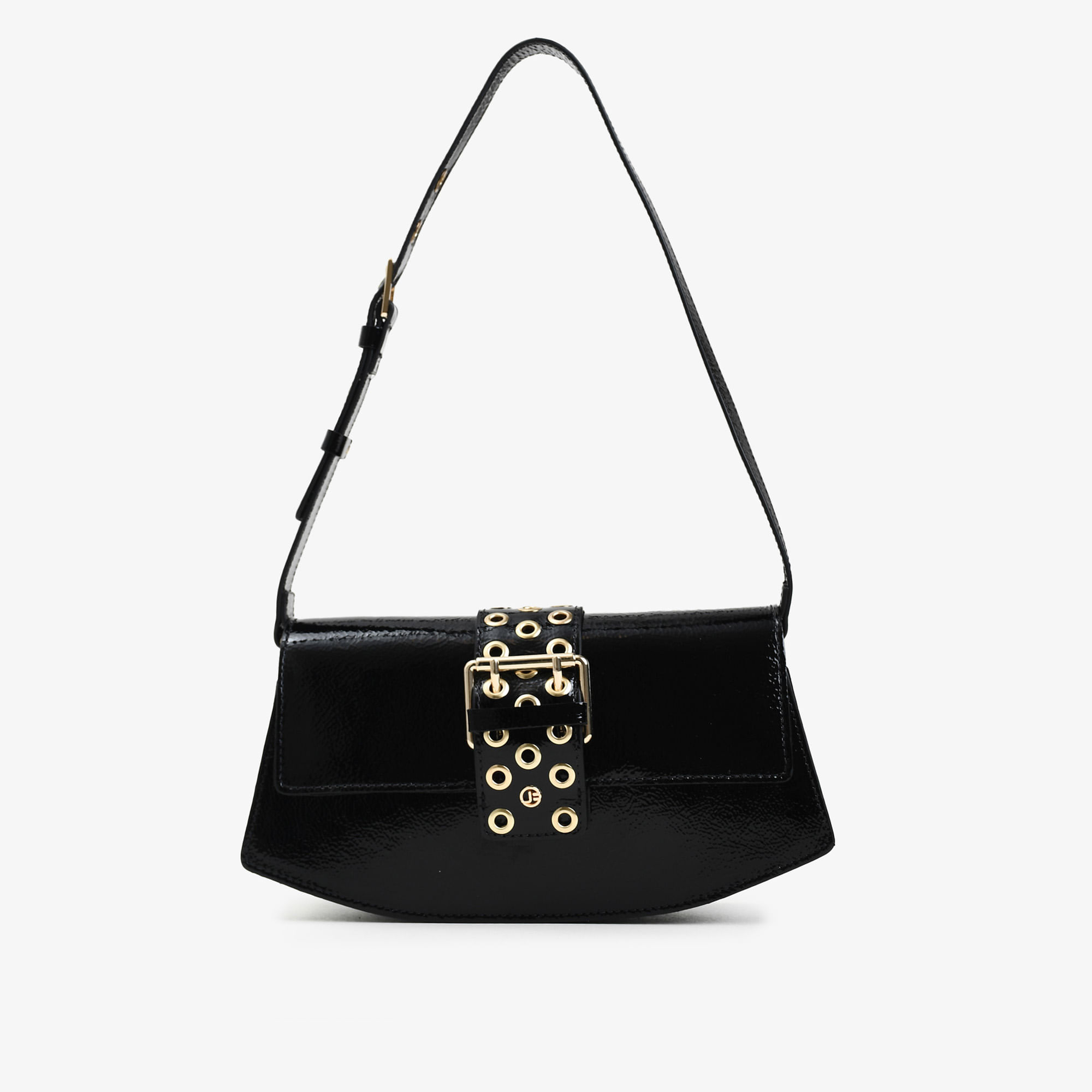 Bolsa Baguete Preto Tira Ilhos Couro Verniz