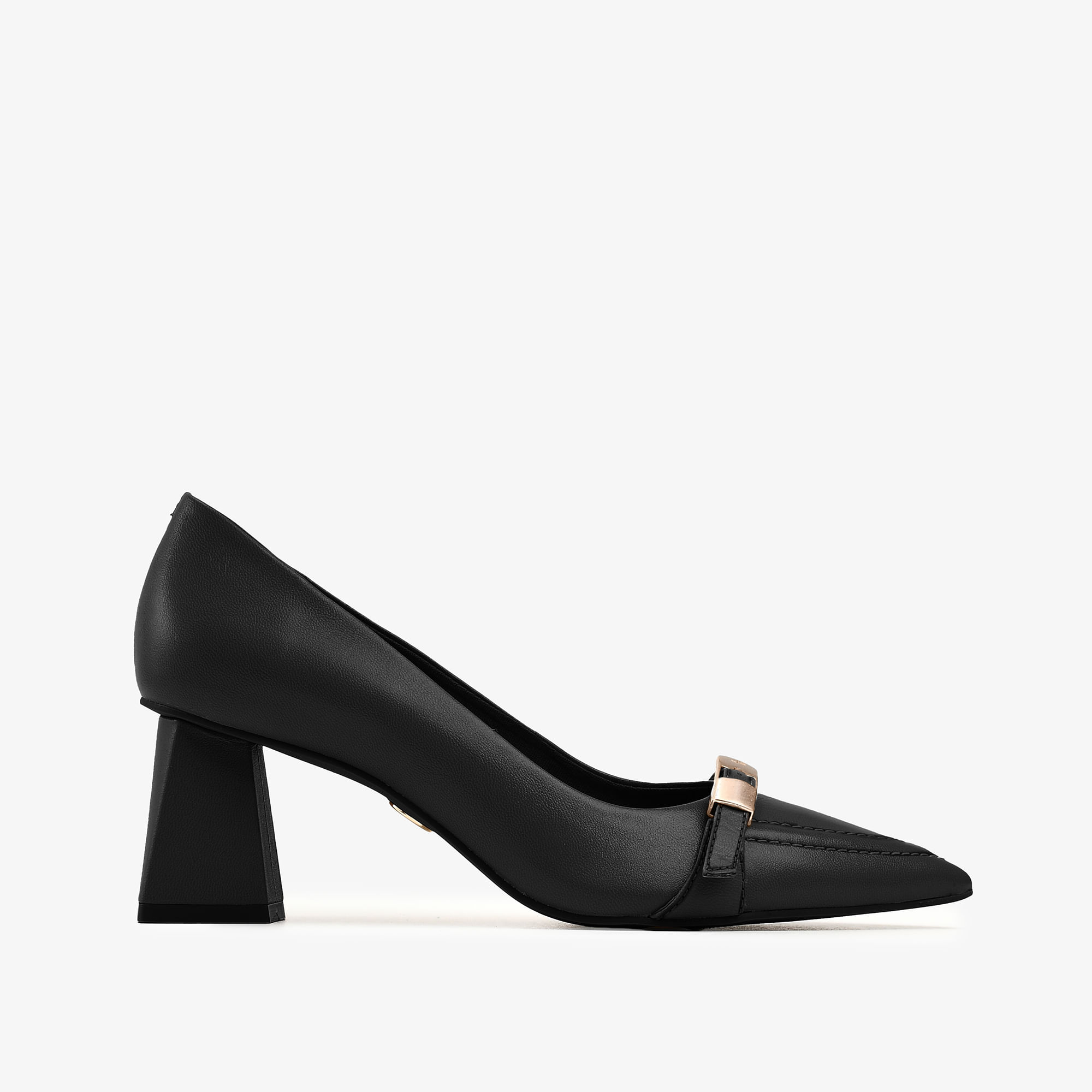 Scarpin Preto Salto Bloco Médio Couro
