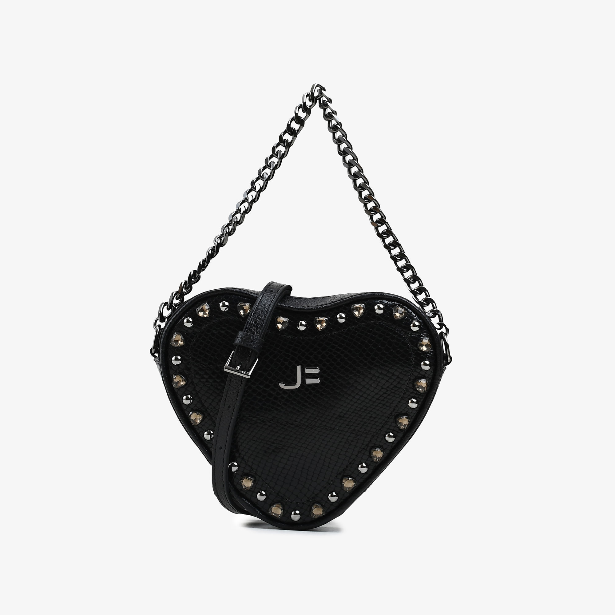 Bolsa Transversal Coração Pedraria Preto Couro