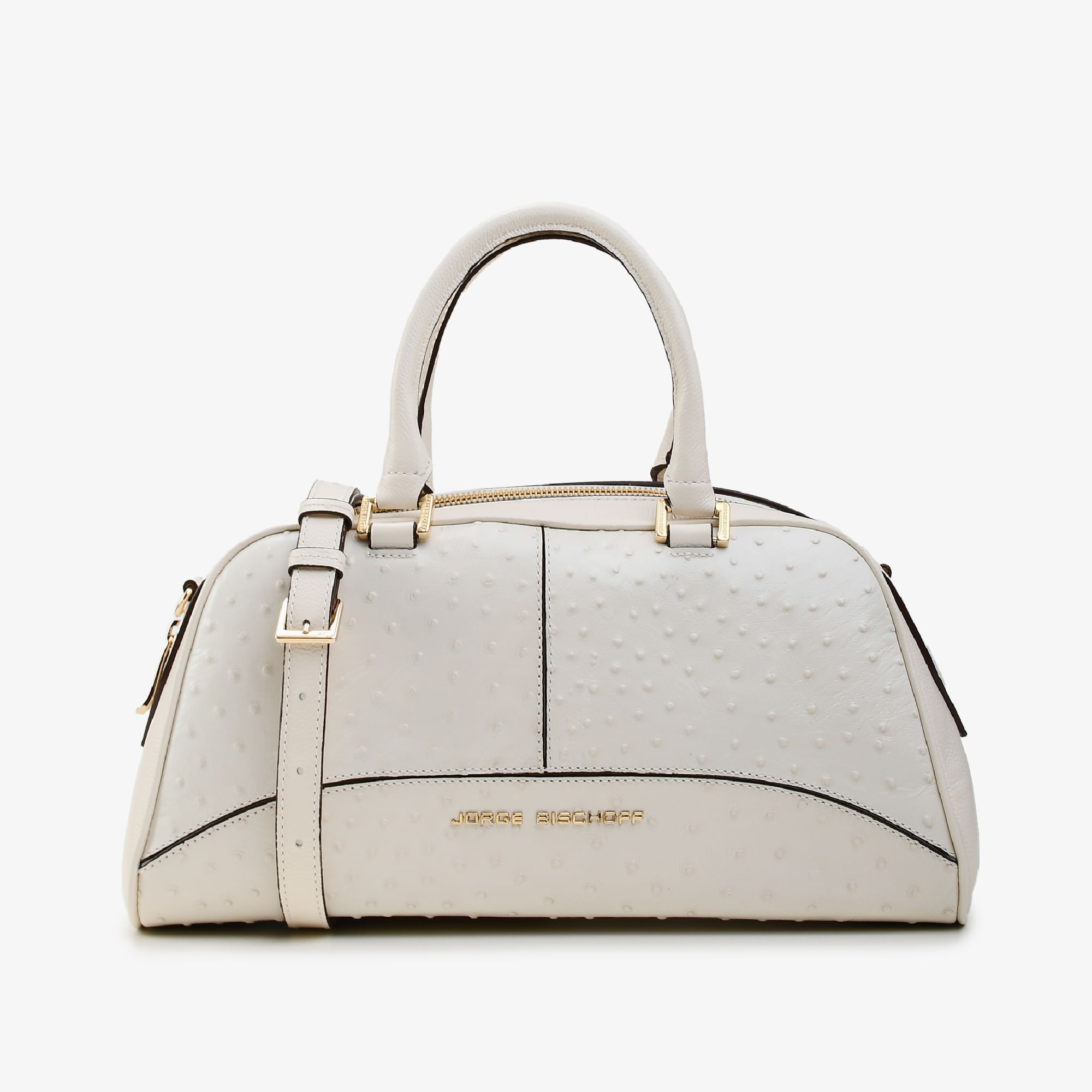 Bolsa Baú Off White Algodão Couro Avestruz