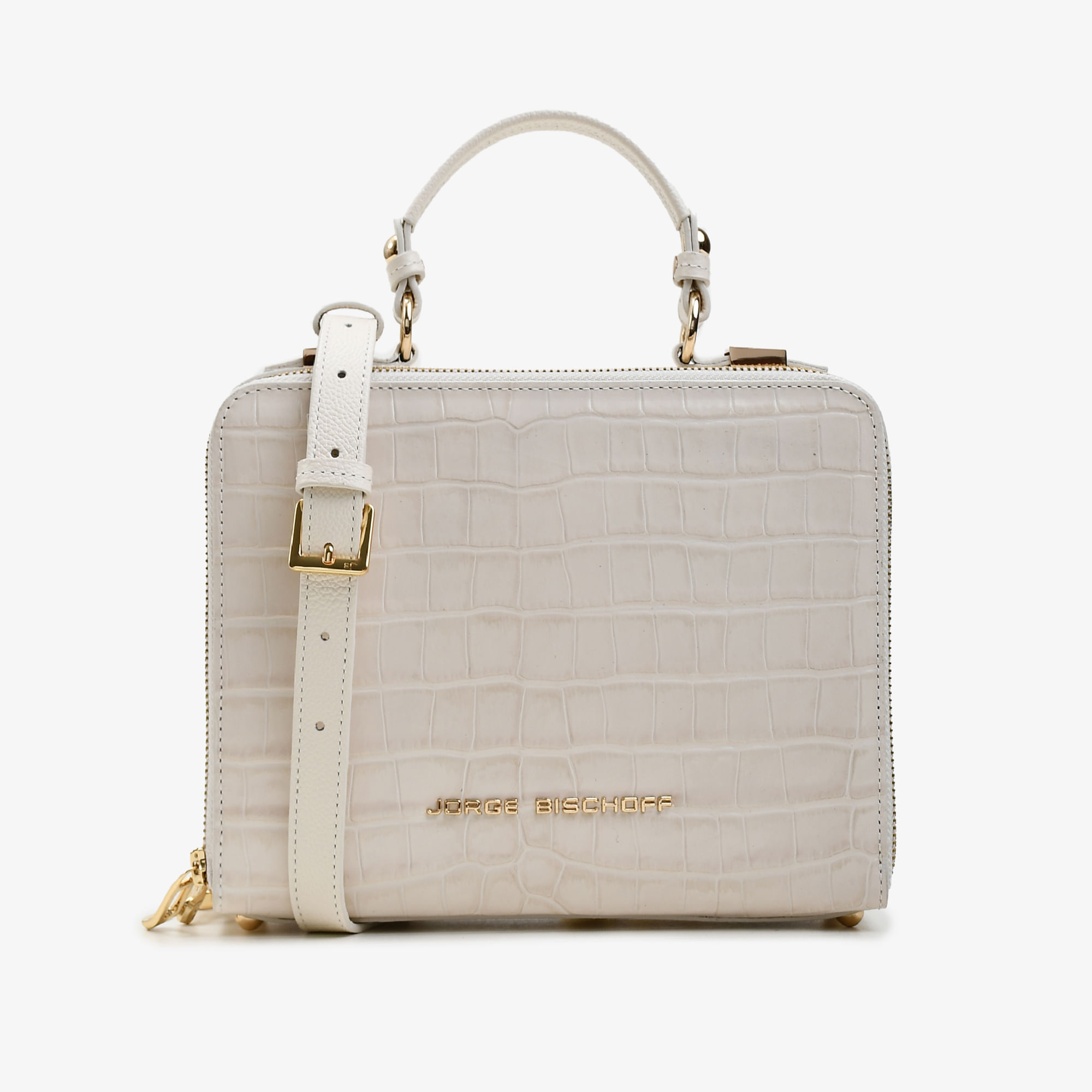 Bolsa Transversal Off White Algodão Couro Croco