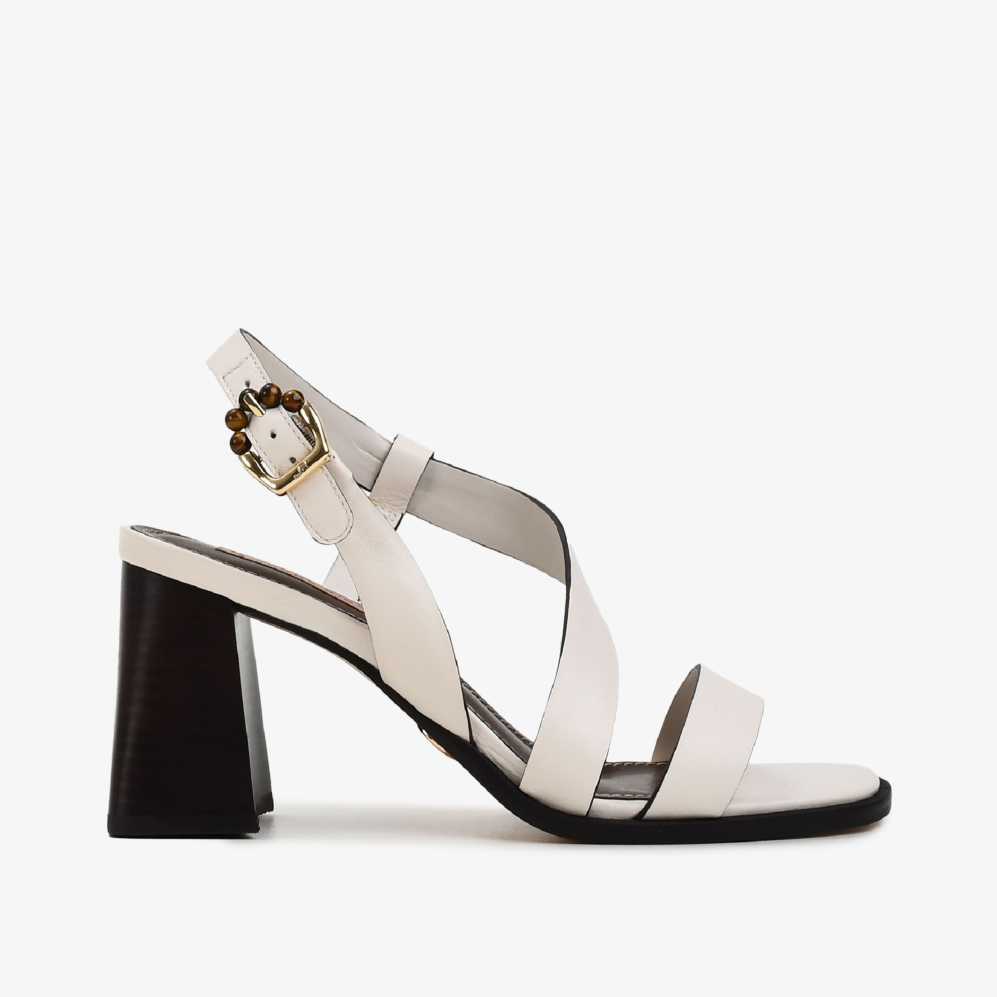 Sandália Salto Bloco Off White Algodão Couro