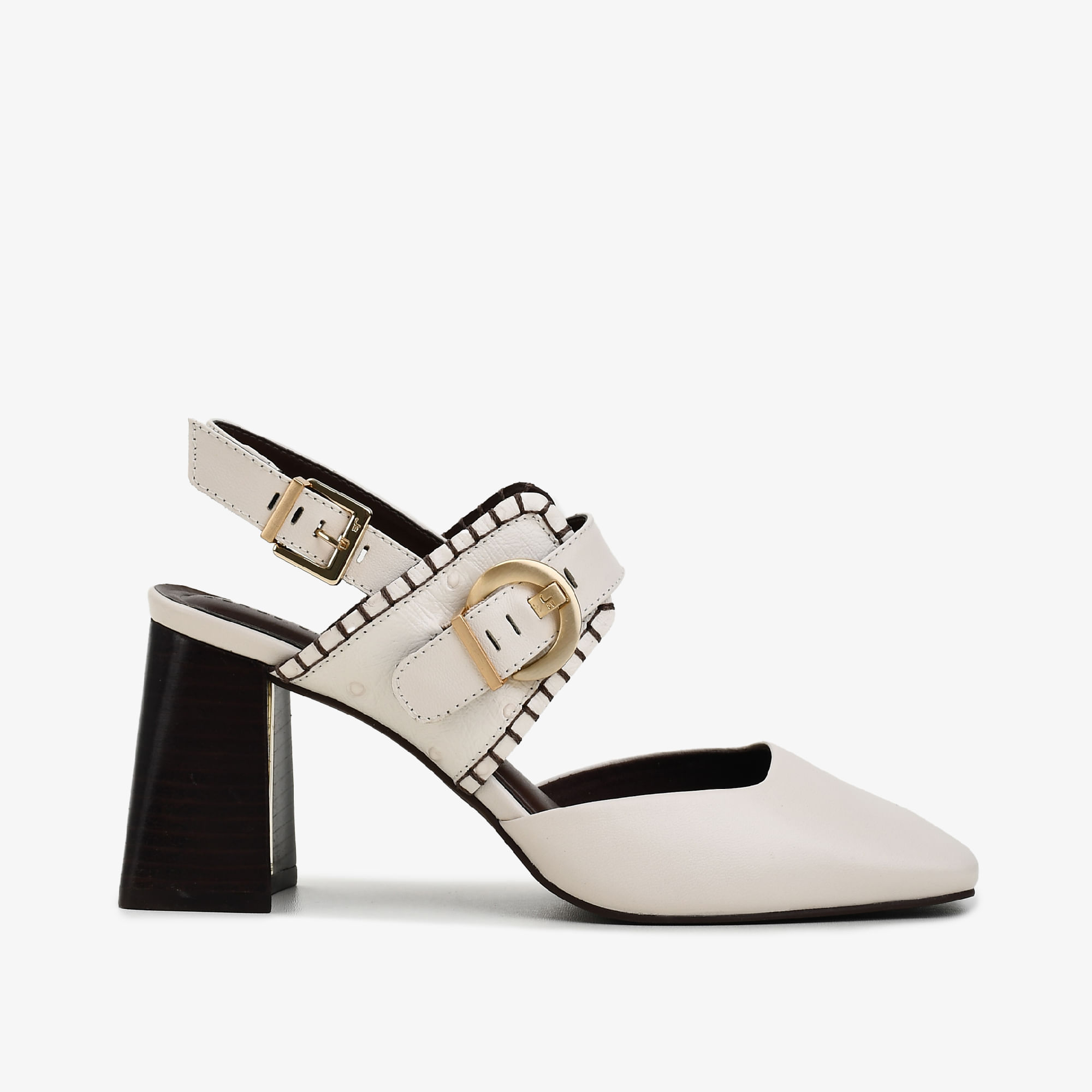 Slingback Off White Algodão Couro