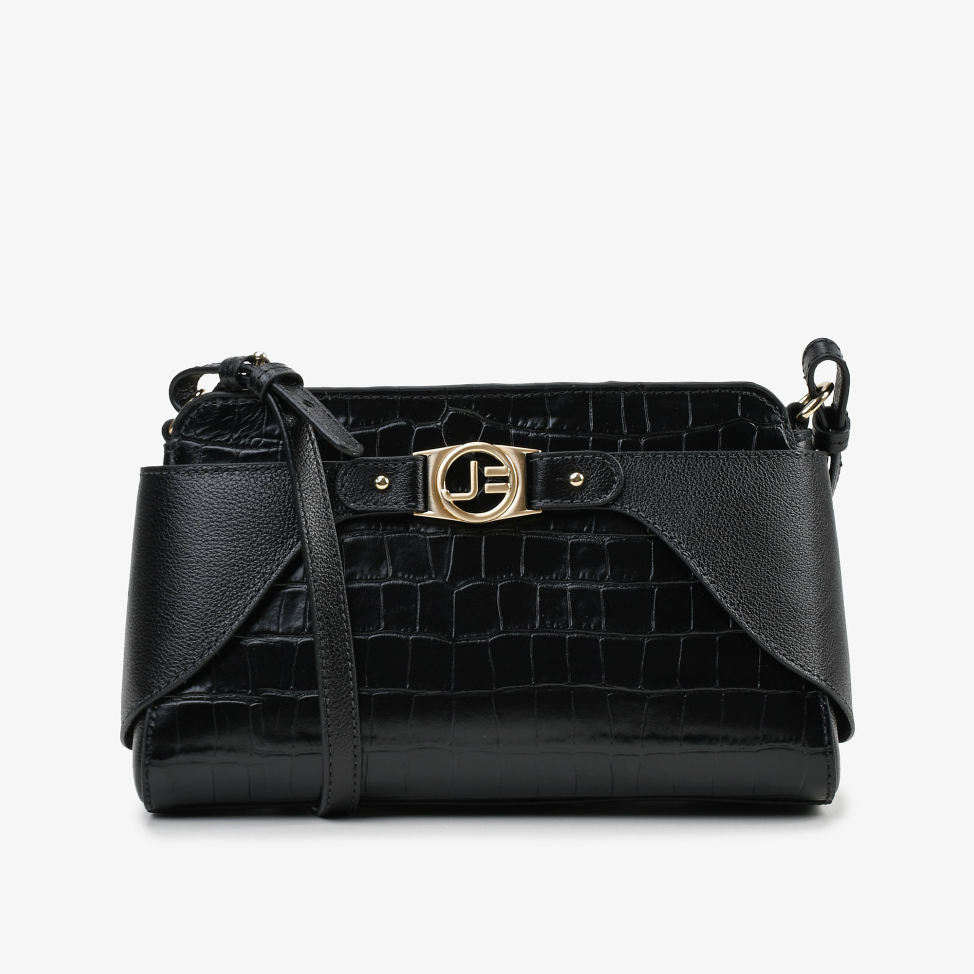 Bolsa Transversal Preto Couro Croco