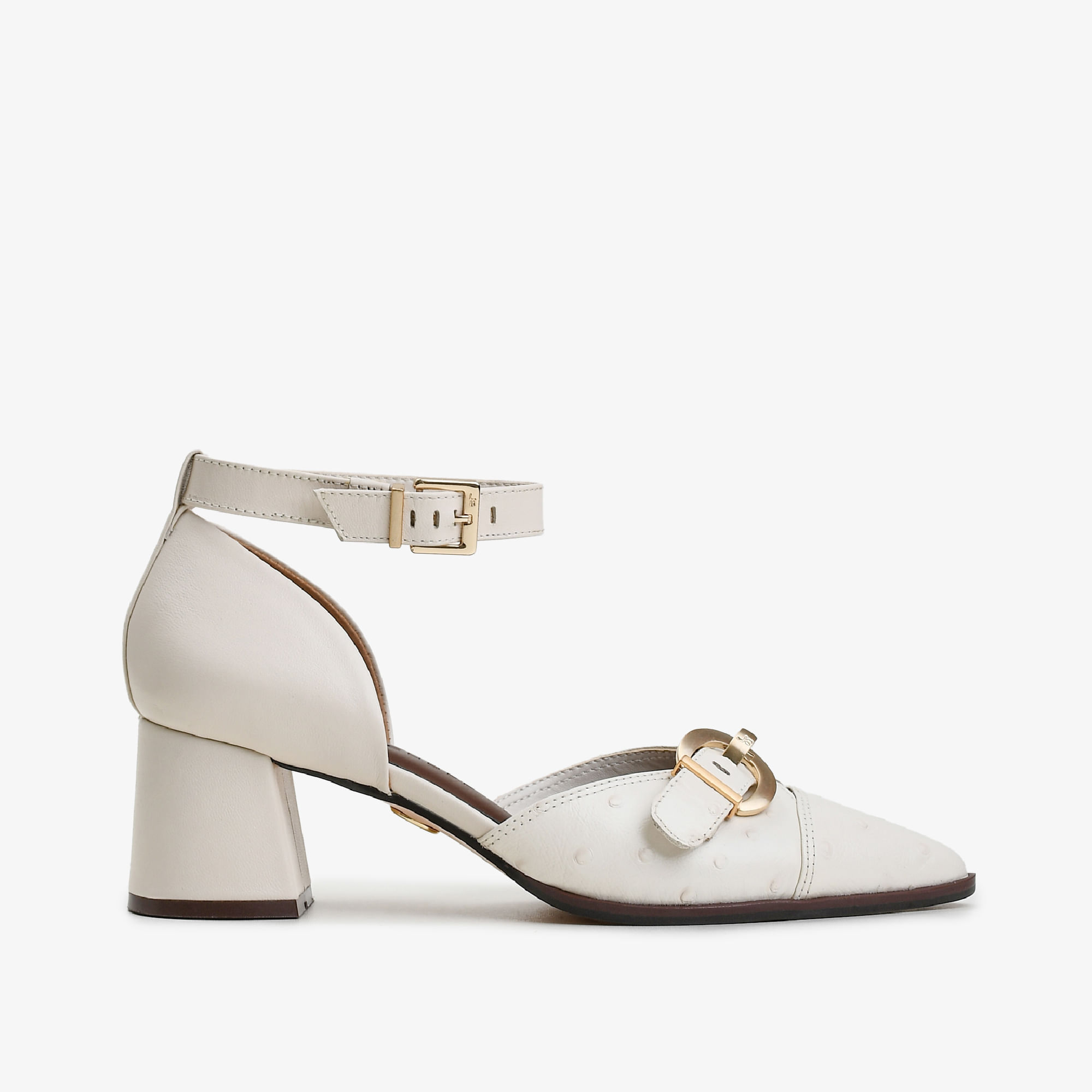 Scarpin Off White Algodão Couro Avestruz