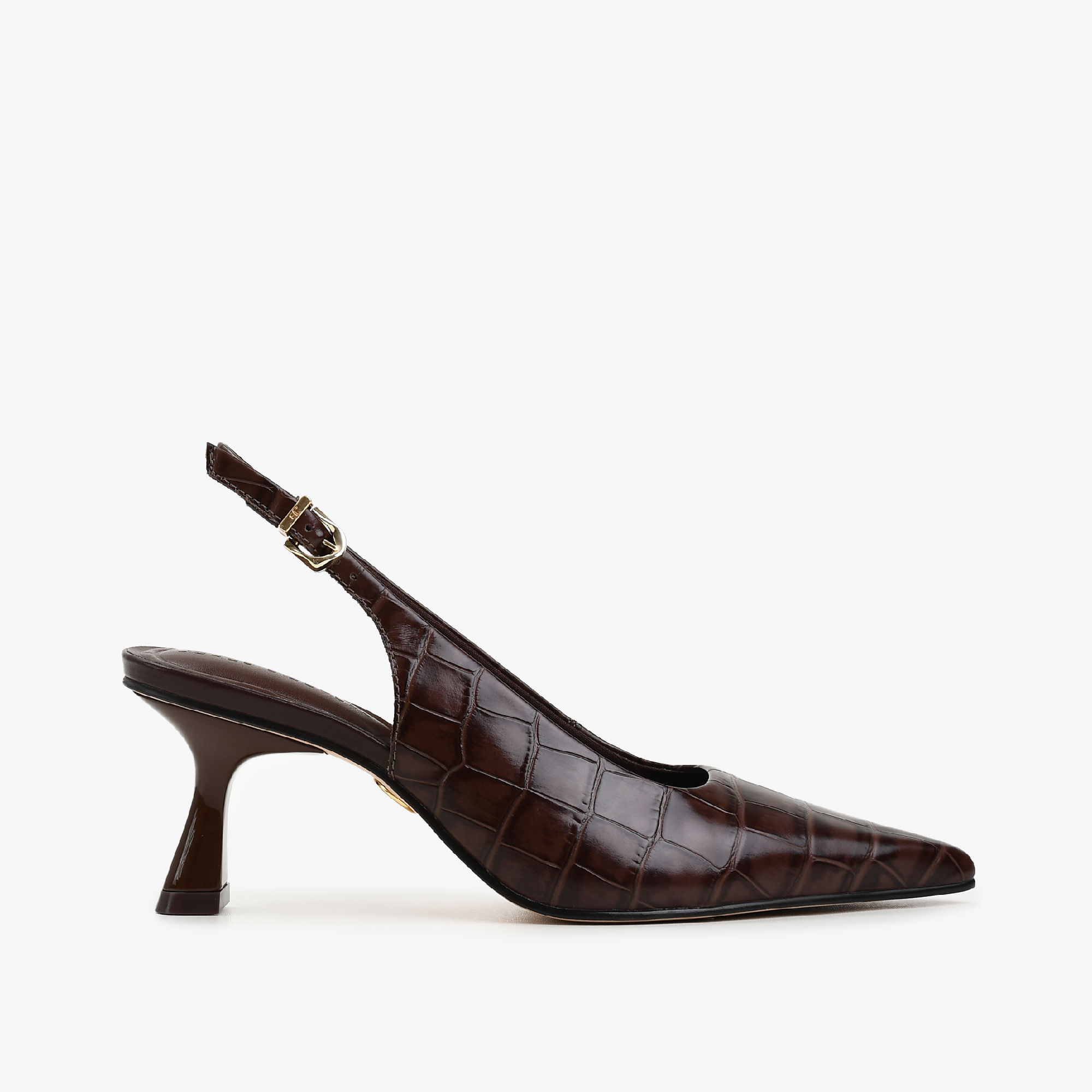 Slingback Café Marrom Couro Croco