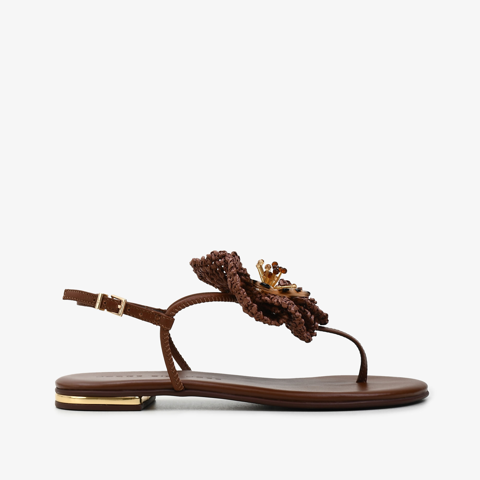 Sandália Rasteira Marrom Tabaco Flor Ráfia Couro