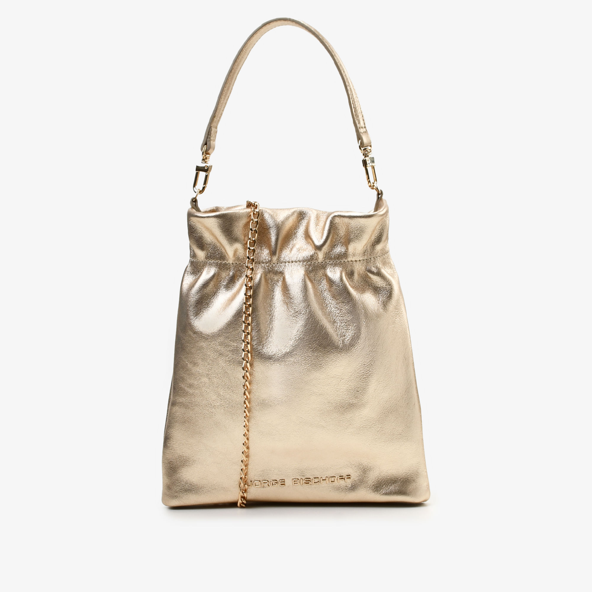 Bolsa Saco Metal Ouro Champagne Couro