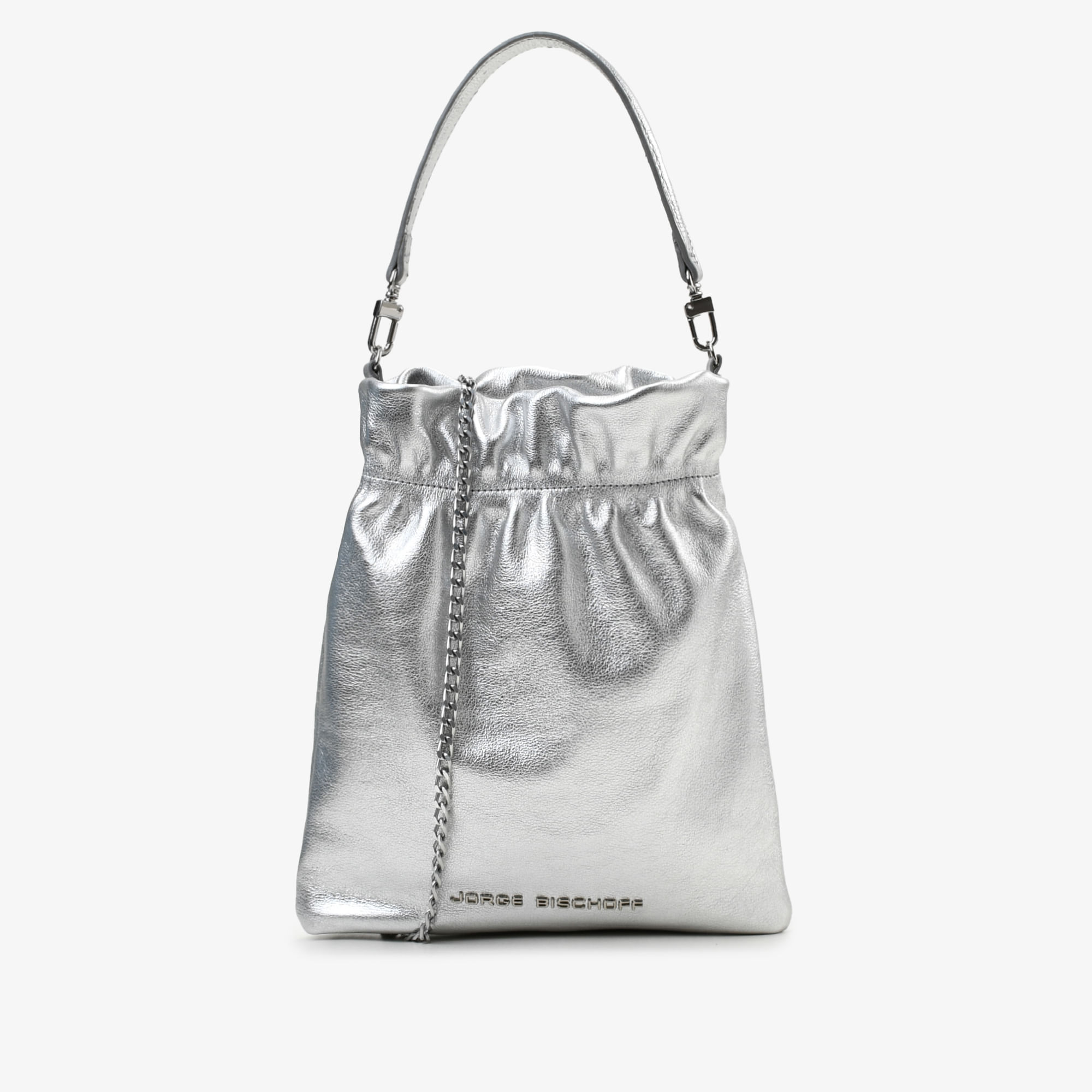 Bolsa Saco Metal Prata Couro