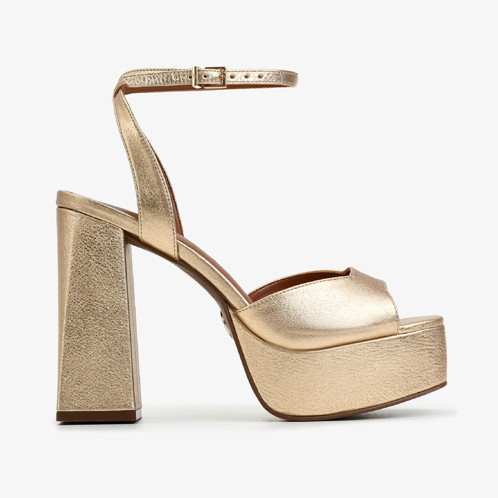 Sandália Plataforma Metal Ouro Champagne Couro