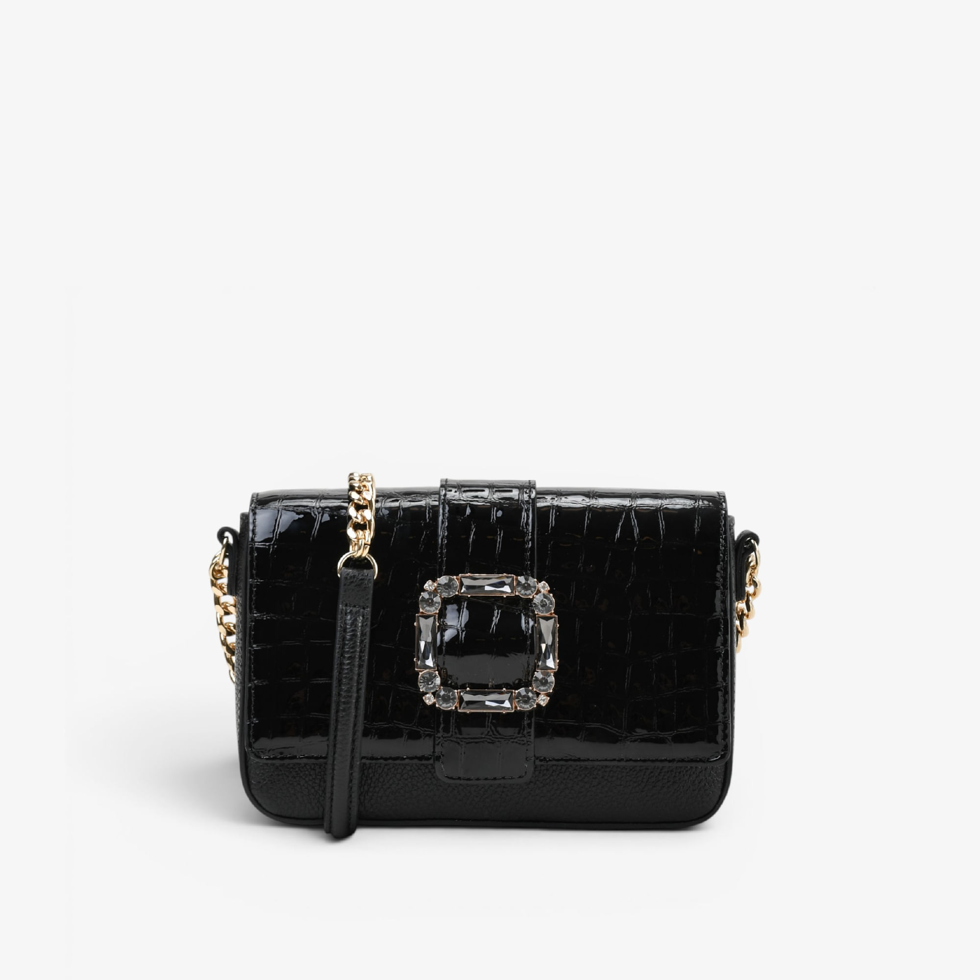 Bolsa Transversal Preto Couro Fivela Croco