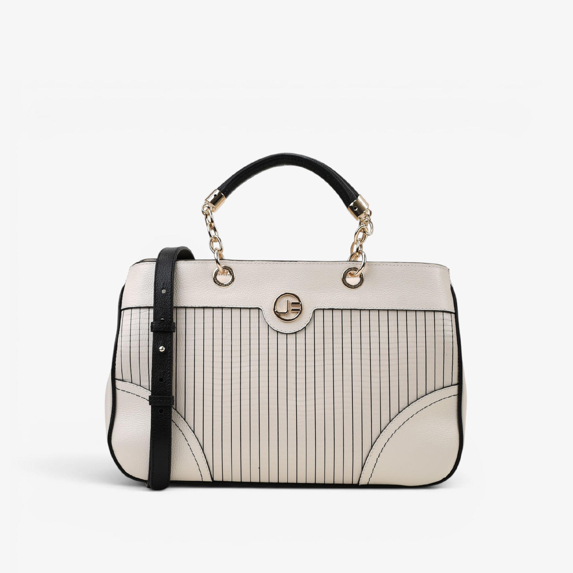 Bolsa Tote Listrado Preto Algodão Couro