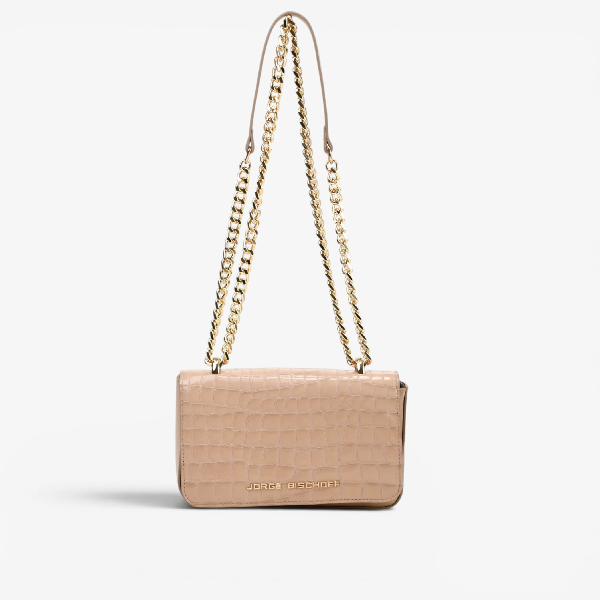 Bolsa Transversal Nude Areia Dourado Couro Croco