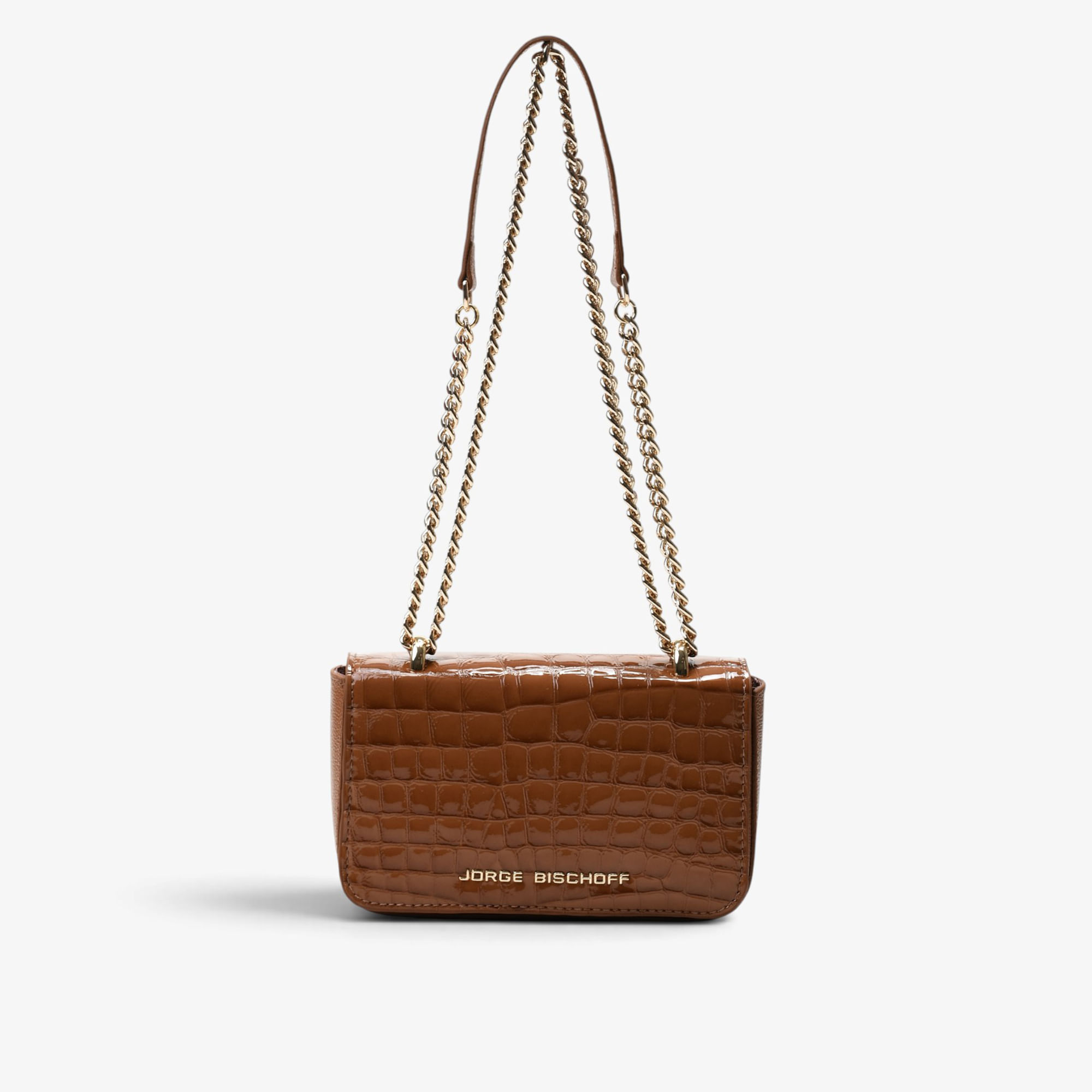 Bolsa Transversal Caramelo Mascavo Dourado Couro Croco