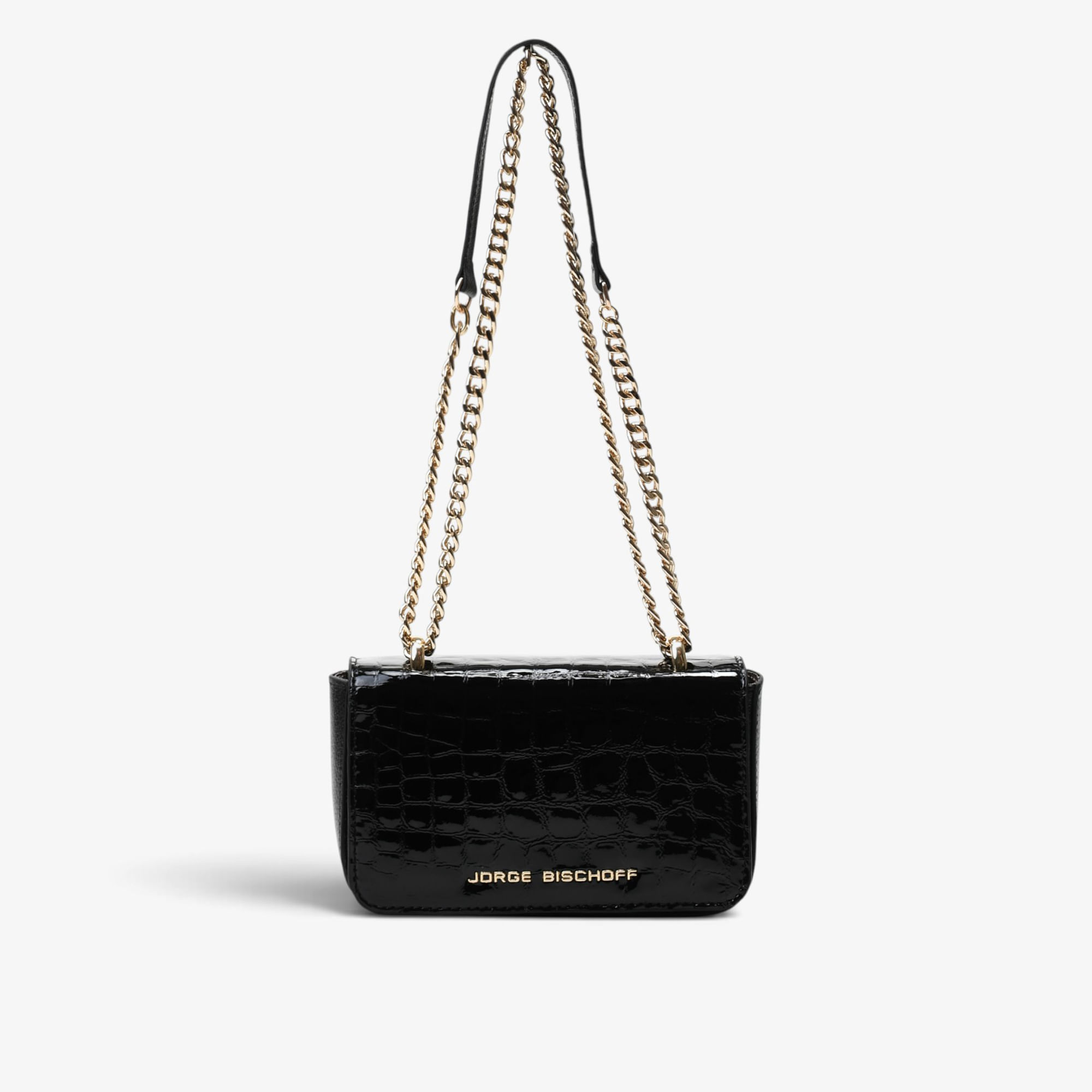 Bolsa Transversal Preto Dourado Couro Croco